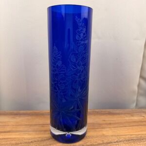 Wanda Poland Cobalt Blue Glass Lupine Etched Vase Tera Heyne Signed  12"